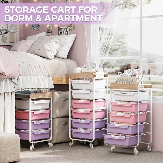 SYKIARIOL Utility Cart with 6 Labeling Drawers and Wooden Tabletop – Rolling - Image 7