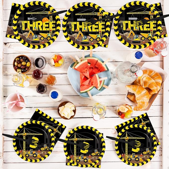 100 Pcs Construction 3rd Party Plates and Napkins Set 3 Years Old Birthday - Image 6