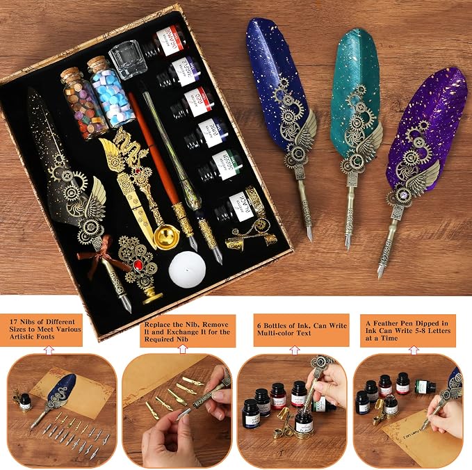 Aifeiter Quill Pen Ink Set-Feather Calligraphy Pen and Set, includes 6 Bottles - Image 5