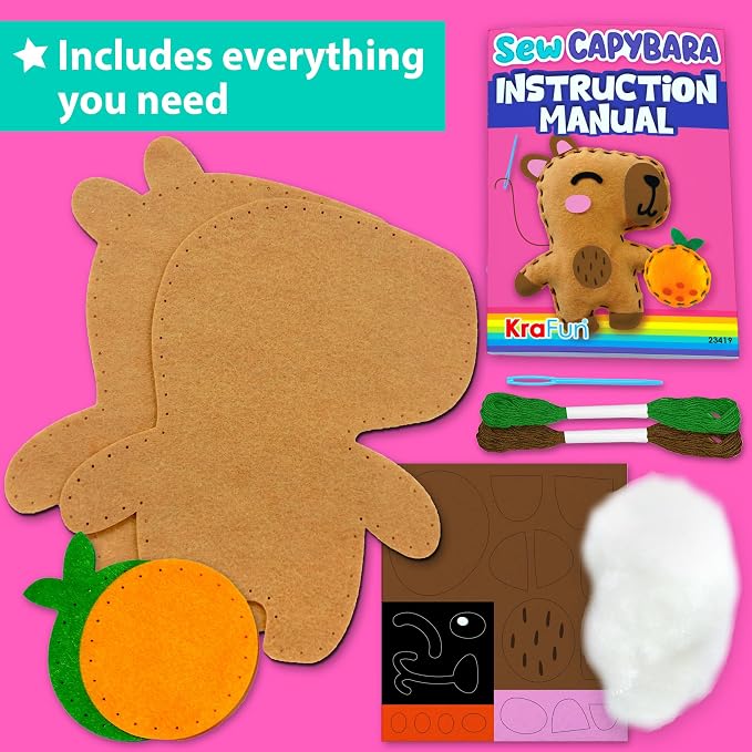KRAFUN Beginner Sewing Kit, Sew Capybara & Orange, Pre-Cut Felt, Ages 5+ | - Image 2