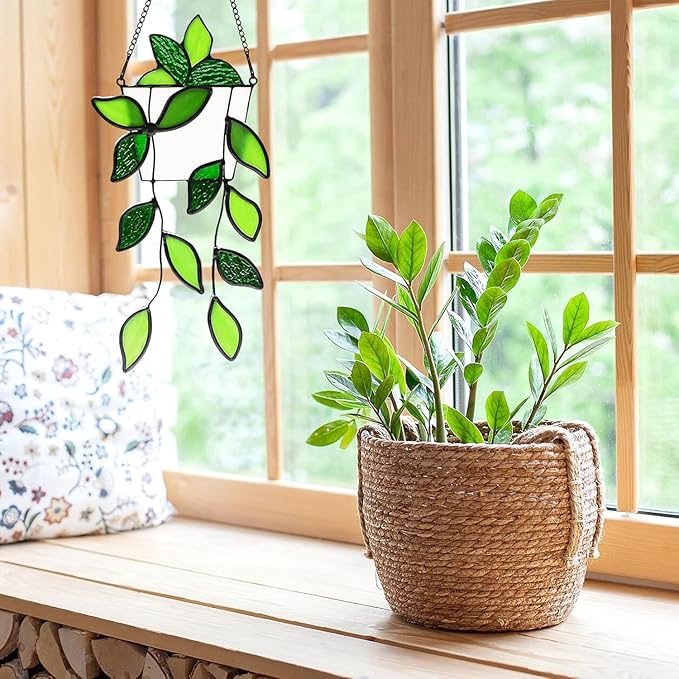Handcrafted Real Stained Glass Window Hanging Green Plant Window Suncatcher | - Image 6