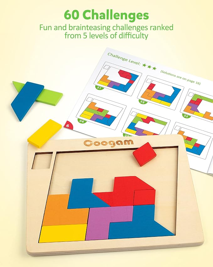 Coogam Wooden Puzzle Blocks Geometric Tangram Brain Teasers Jigsaw 3D Logic IQ - Image 4
