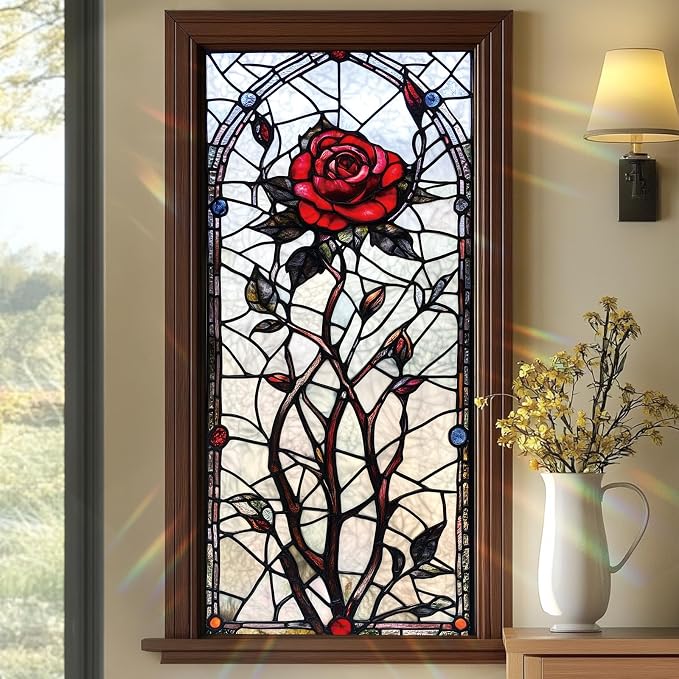Gothic Rose Stained Glass Window Film 17.71x39.97 Inch Red Flower Static Cling by Unknown