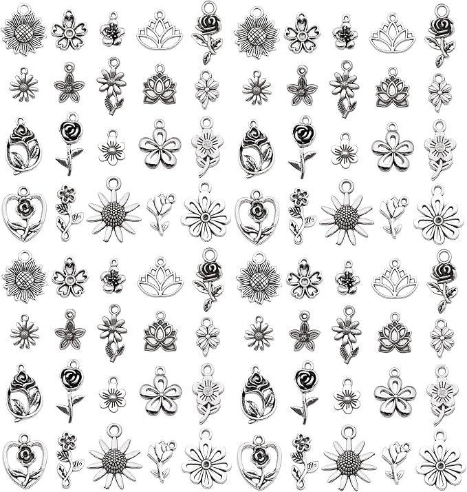 WOCRAFT 60pcs Antique Silver Flowers Bracelet Charms by WOCRAFT