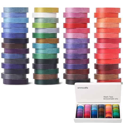 60 Rolls Washi Tape Sets 8mm Wide 10ft Long Basic Solid Color Rainbow Colored - Image 2