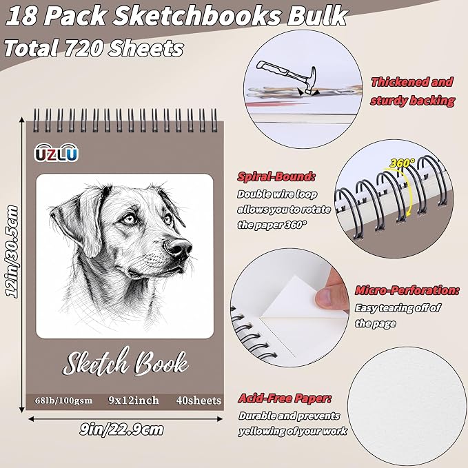 18 Pcs Sketch Book Bulk 9 x 12 In 720 Sheets Top Spiral Bound Sketch Pad - Image 2