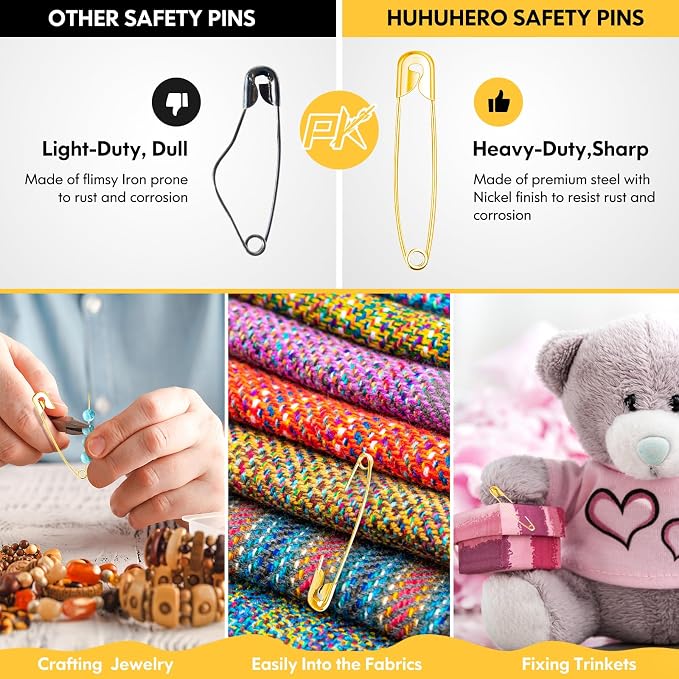 Huhuhero Safety Pins Assorted, Nickel Plated Steel Pin Bulk, Sewing Arts Crafts - Image 6