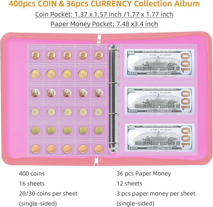 400-Pocket Fireproof Coin Collection Book & 36 Paper Money Organizer Binder | - Image 3