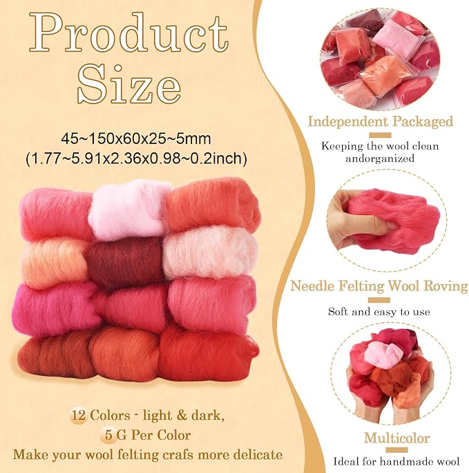 Boutigem 12 Colors 2.11oz Red Wool Roving, Felting Wool - Image 3