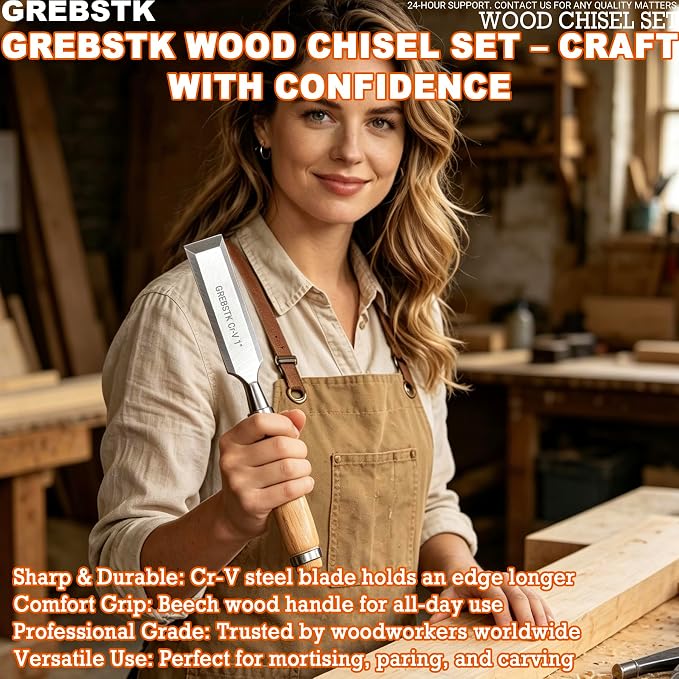 GREBSTK 4-Piece Ultra-Sharp Wood Chisel Set, CR-V Steel Beveled Blades - Image 7