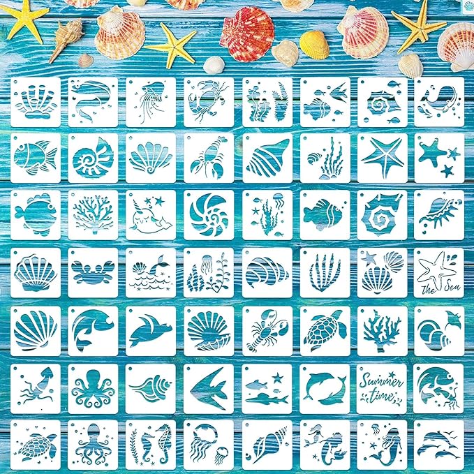 Augshy 56 Pieces Small Summer Sea Ocean Beach Stencils by Augshy