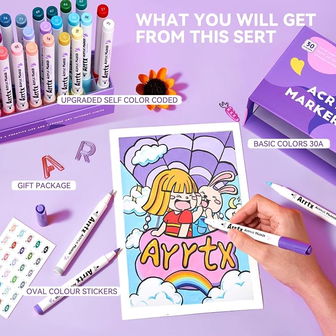 Arrtx Acrylic Markers 30A, Brush Tip Acrylic Paint Pens Markers - Image 6