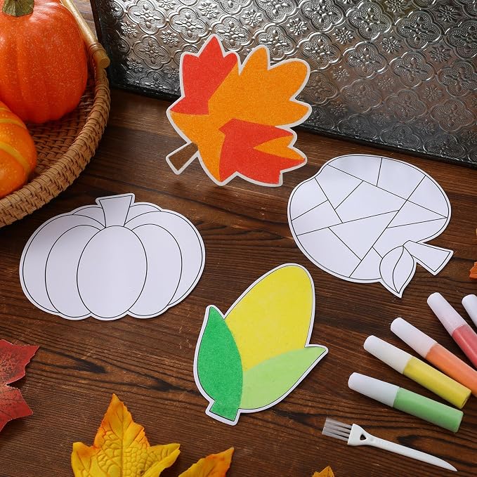 24 Sets Fall Sand Art Crafts for Kids Autumn Maple Leaf Pumpkin Turkey DIY - Image 3