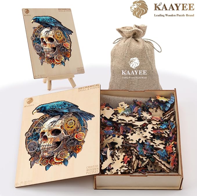 KAAYEE Wooden Puzzles for Adults, 3D Visual Effect Raven & Mechanical Skull - Image 5