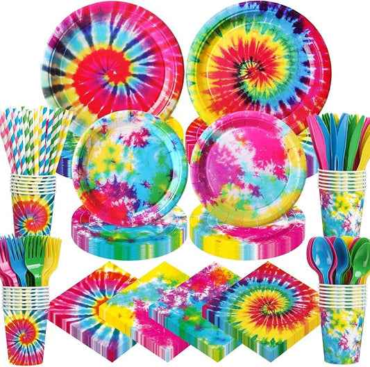 450 Pcs Tie Dye Party Tableware Set Decorations Rainbow Birthday Paper Plates by Unknown