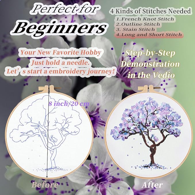 FONNUY Crewel Embroidery Kit for Beginners, Seasonal Tree Pre-Stamped Pattern - Image 3