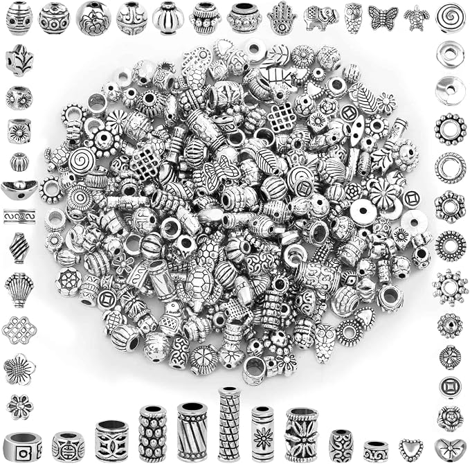 350 Pcs Silver Spacer Beads for Jewelry Making, Mixed Bulk Random Styles Metal by cridoz