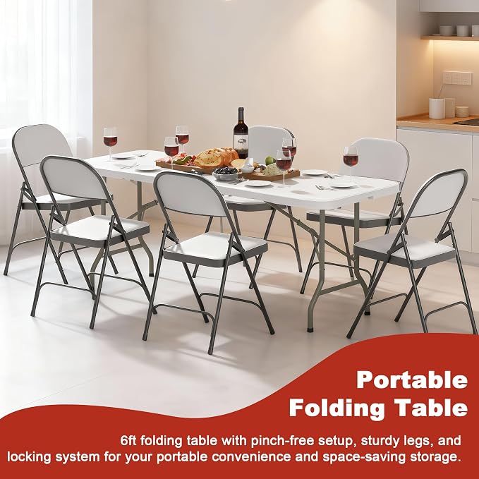 Elevon Folding Table Set of 2, 6 Feet Heavy Duty Fold-in-Half Utility Table - Image 6