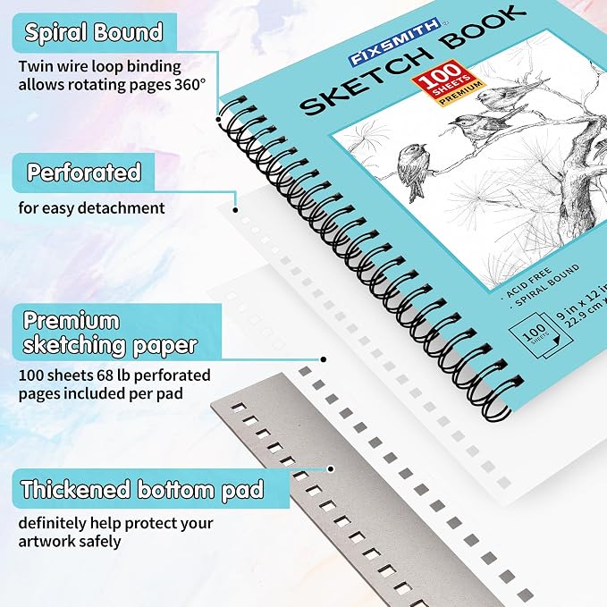 FIXSMITH 9"X12" Blue Sketch Book, 400 Sheets Spiral Sketchbook, Acid Free - Image 3