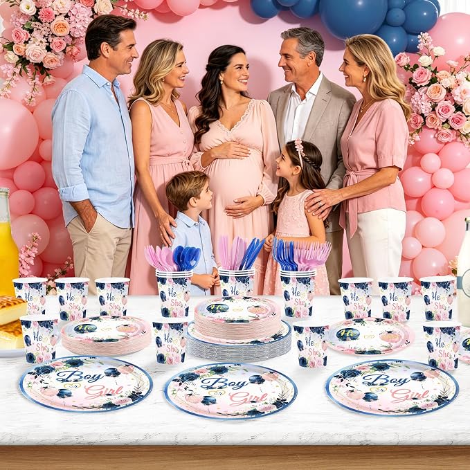 168Pcs Navy Blue and Pink Gender Reveal Party Decorations Serves 24 | Baby Boy - Image 3