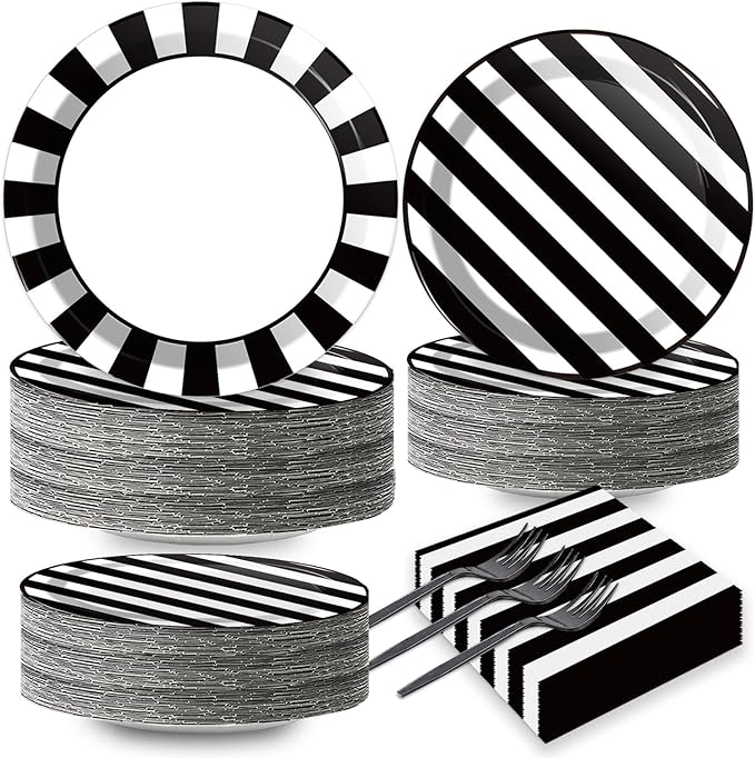 200pcs Black and White Party Plates Napkins Forks Striped Theme Party Tableware by Naozinebi