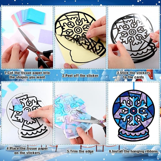 Eersida 32 Pcs Winter Snow Globe Suncatcher Craft Kit, 8 Designs Stained Glass - Image 4
