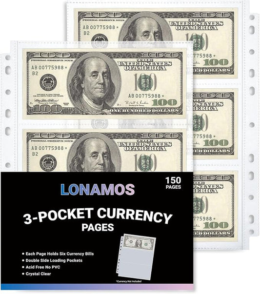 150-Sheets Double-Side 3-Pocket Currency Pages by Unknown