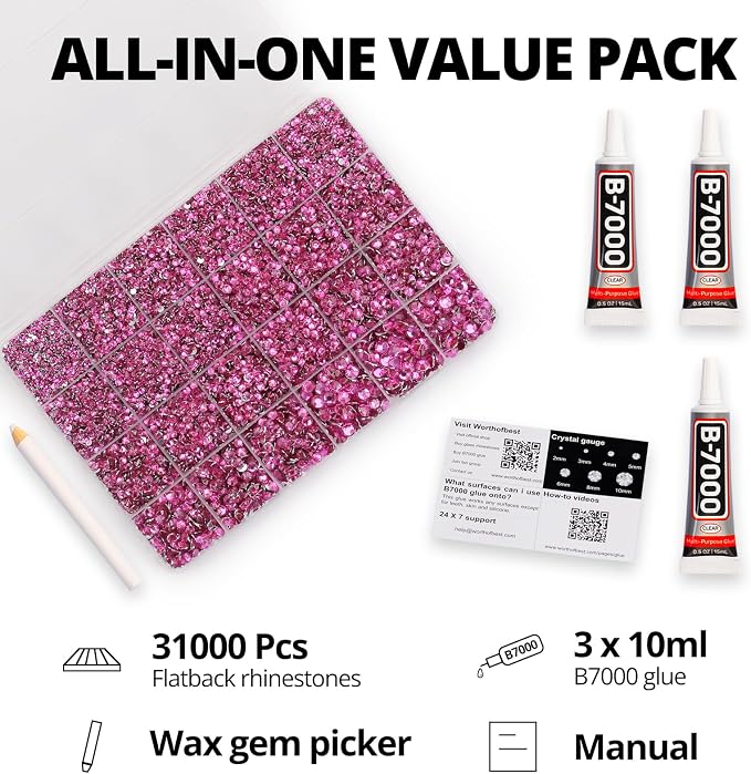 31000Pcs Dark Pink Rhinestones for Bedazzling, Flat Back Resin Jewel Crystal - Image 2