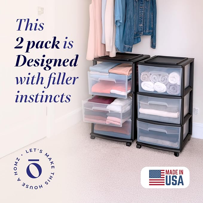 HOMZ 2-Pack Drawer Tower, 3-Tier Clear Plastic Storage Organizer Cart, and - Image 4