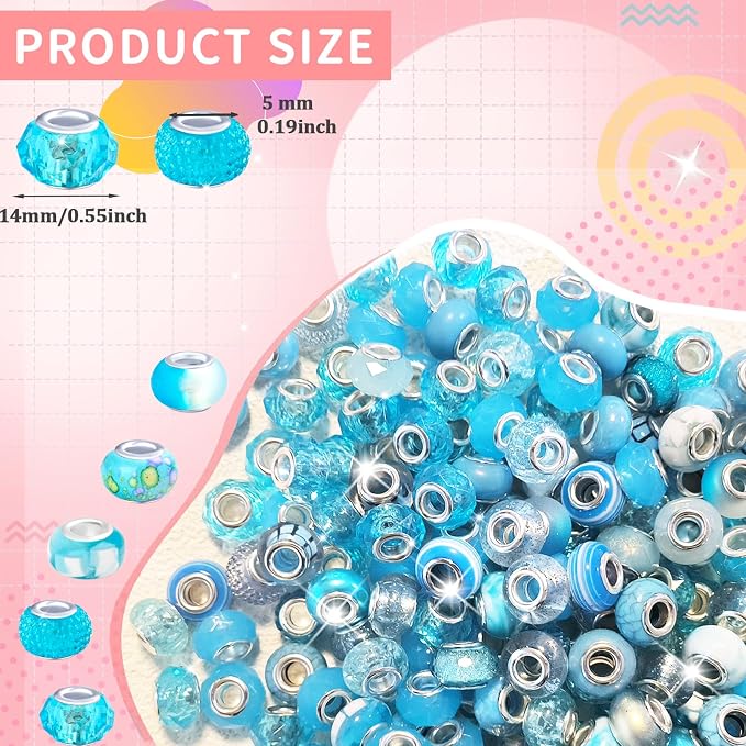 60Pcs Large Hole Beads Spacer Beads Sky Blue Assorted European Craft Big Beads - Image 2