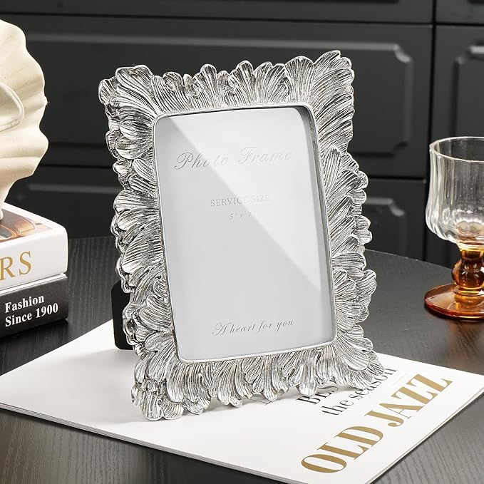 Cuspin 5x7 Picture Frame Silver Frames, Vintage Elegant Palm Leaves Textured - Image 2