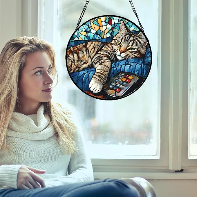 DASTOLL Stained Glass Window Hanging Gray Cat and Remote Control 7.8" - Image 3