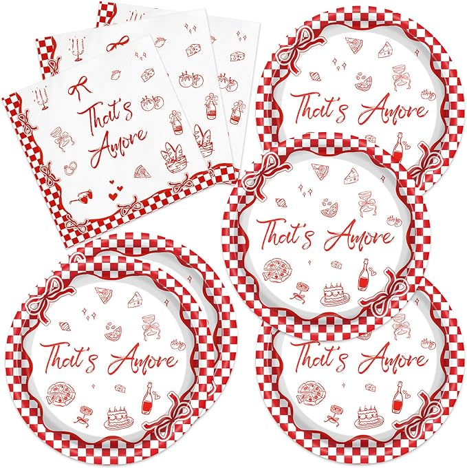 40Pcs That's Amore Party Supplies Red Gingham Bachelorette Paper Plates Napkins by CRINSLY