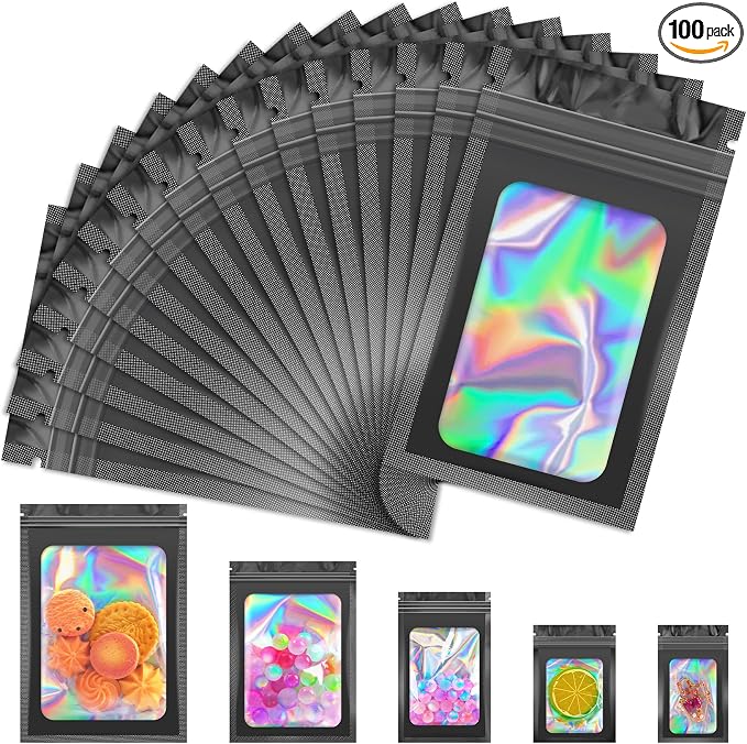 JETMORE 100 PCS Black Smell Proof Bag 2.8x3.9in, Mylar Bags, Holographic Bags by Jetmore