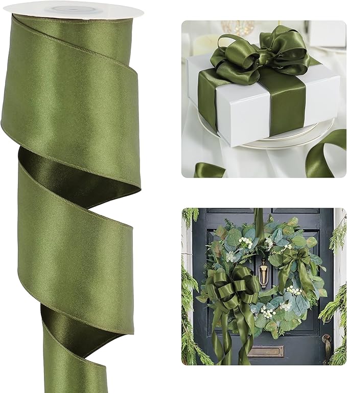 HUIHUANG Moss Green Satin Wired Ribbon 2.5 inch Moss Wire Edge Ribbon by HUIHUANG