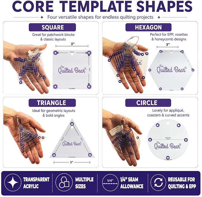 The Quilted Bear Triangle Quilting Templates – 8 Clear Non-Slip Acrylic Quilt - Image 9