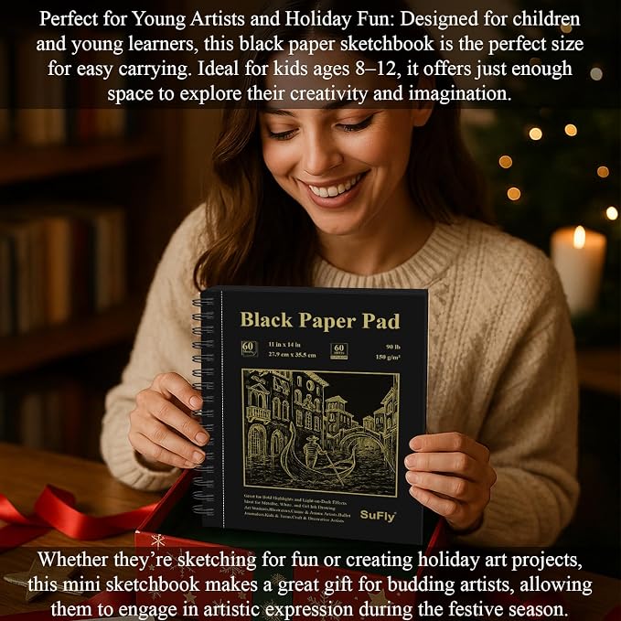 SuFly Black Paper Drawing Pad, 60 Sheets Large Sketch Book 11x14, Spiral Bound - Image 6