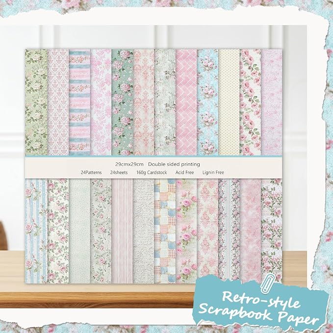 24 Sheets Scrapbook Paper Pink Vintage Floral Scrapbook Supplies | 11.4×11.4 - Image 6