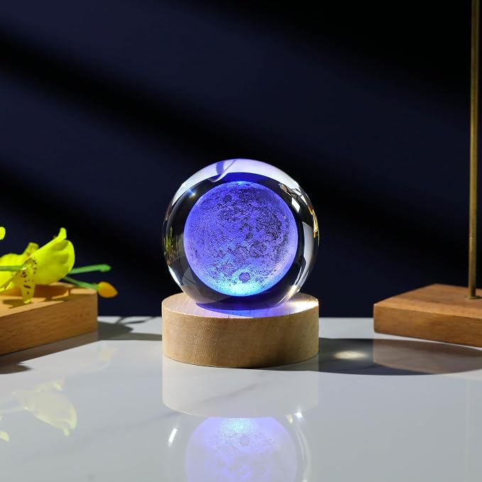 3D Moon Crystal Ball with LED Colorful Lighting Touch Base, Moon Decor Science - Image 5