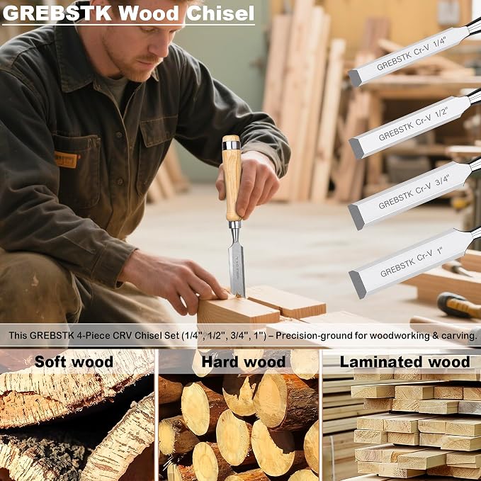 GREBSTK 4-Piece Ultra-Sharp Wood Chisel Set, CR-V Steel Beveled Blades - Image 5