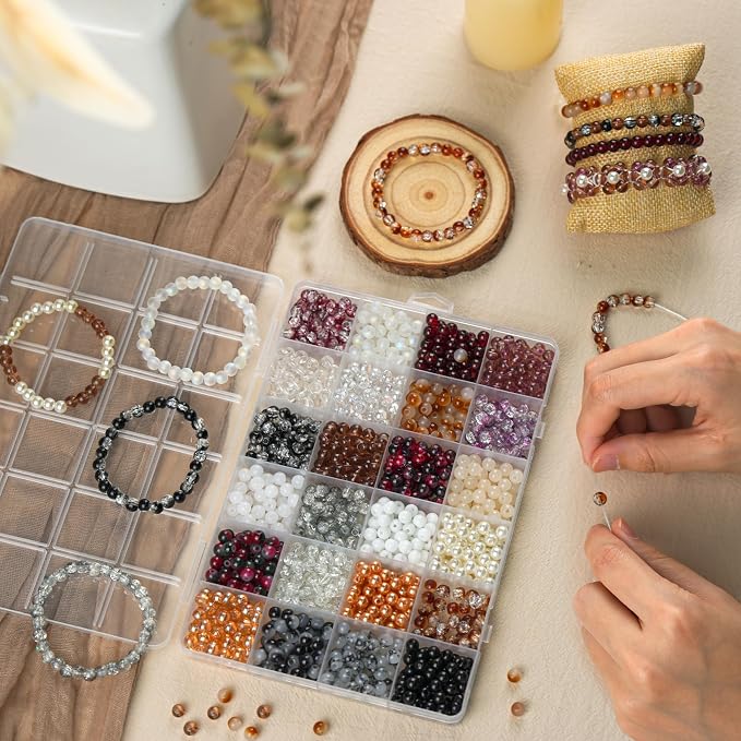 1200PCS 6mm Glass Beads Bracelet Making Kit, 24 Colors Assorted Black and White - Image 3