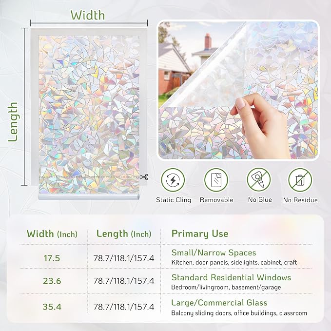 LUTE Rainbow Window Privacy Film, Stained Glass Cling, 17.5" x 118.1" | 3D - Image 7