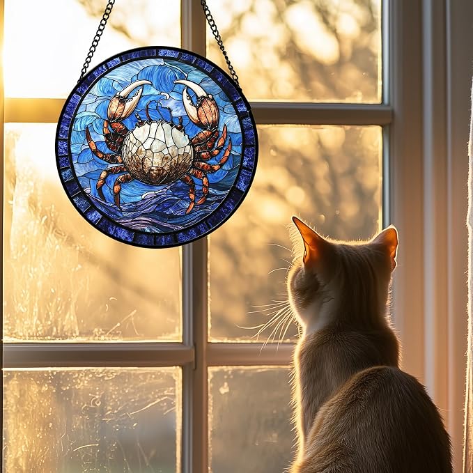 DASTOLL Stained Glass Window Hanging 4 Pcs Set Blue Ocean Waves Large 11.8" - Image 4