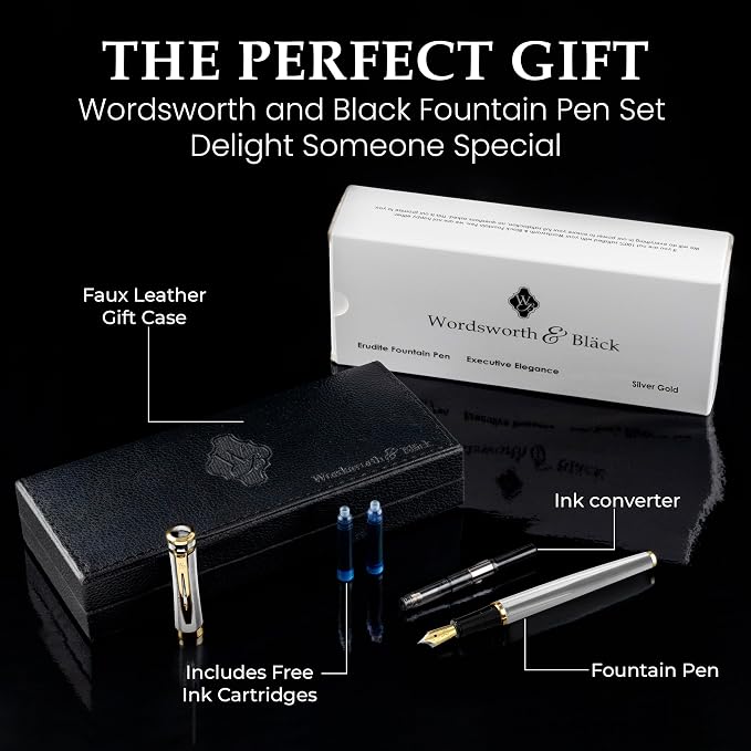 Wordsworth & Black Fountain Pen Set, 18K Gilded Extra Fine Nib, Includes 24 - Image 3