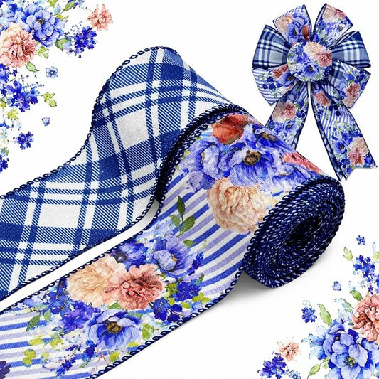 Blue Floral Wired Ribbon 2 Rolls, 2.5 Inch x 20 Yards Vintage Blue and White by YIPRONS
