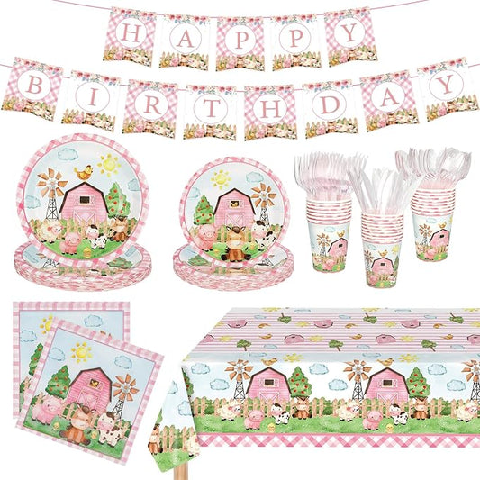 171 PCS Farm Animals Birthday Party Supplies, Disposable Pink Plates Napkins by Unknown