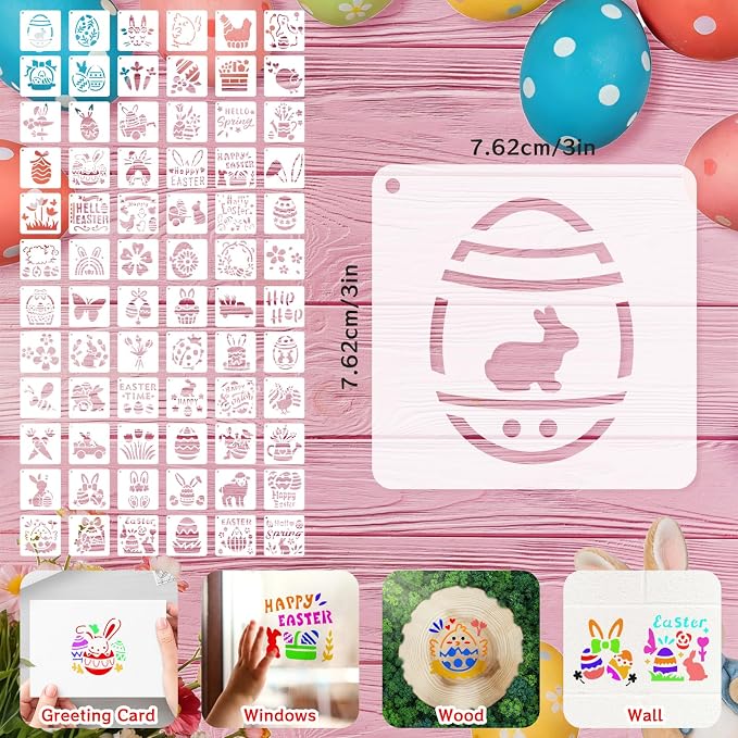 72 Pcs Easter Day Stencils for Painting Set, Reusable Eggs Rabbit Carrot Cute - Image 2