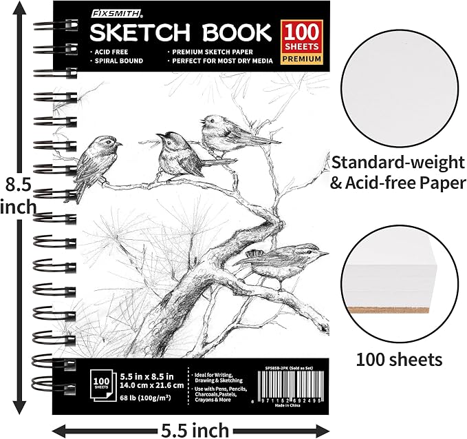 FIXSMITH 5.5"X8.5" Sketch Book | 200 Sheets Sketchbook | 2 Pack | Acid Free - Image 3