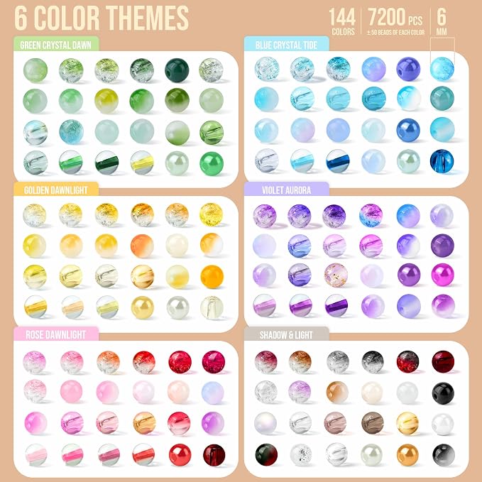 7200PCS 6mm Glass Beads Bracelet Making Kit, 144 Colors Assorted Crystal Beads - Image 2