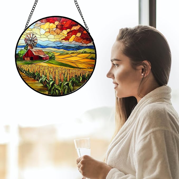 Stained Glass Window Hanging Autumn Farm Corn Harvest Landscape 6.3" - Image 2